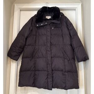 Michael Kors 2X Brown Quilted Feather Puffer Coat Jacket Faux Fur Collar &‎ Hood
